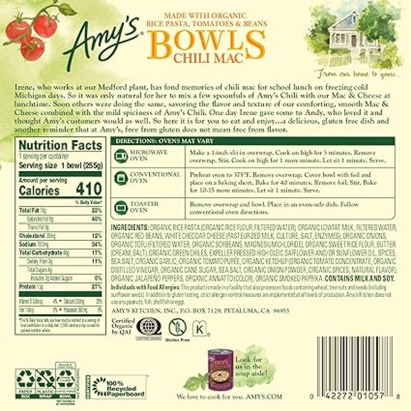Amy's Frozen Gluten Free Chili Mac Bowl