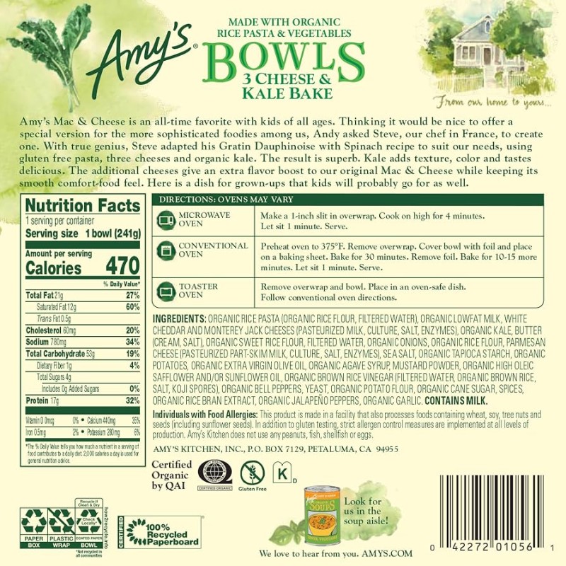 Amy's Bowls 3 Cheese & Kale Bake