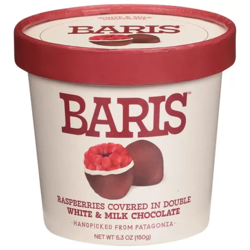 Baris Raspberries Covered in Double White and Milk Chocolate Baris Raspberries Covered in Double White and Milk Chocolate