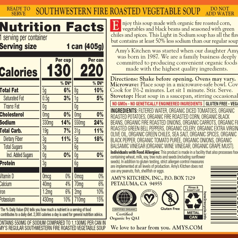 Amy's Soup Organic Light in Sodium Southwestern Vegetable Fire Roasted Amy's Soup Organic Light in Sodium Southwestern Vegetable Fire Roasted