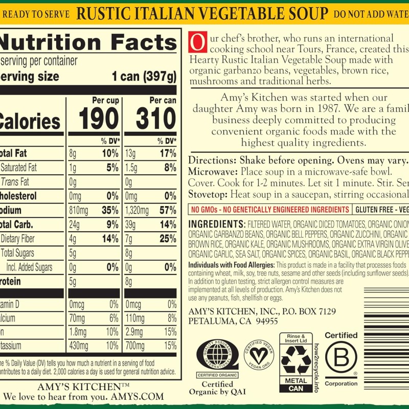 Amy's Organic Hearty Soup Rustic Italian Vegetable Amy's Organic Hearty Soup Rustic Italian Vegetable