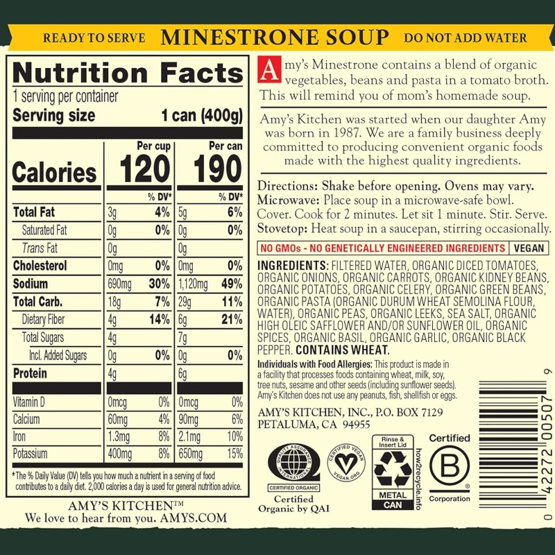 Amy's Organic Soup Low Fat Minestrone Amy's Organic Soup Low Fat Minestrone