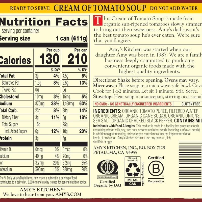 Amy's Organic Soup Low Fat Cream of Tomato Amy's Organic Soup Low Fat Cream of Tomato