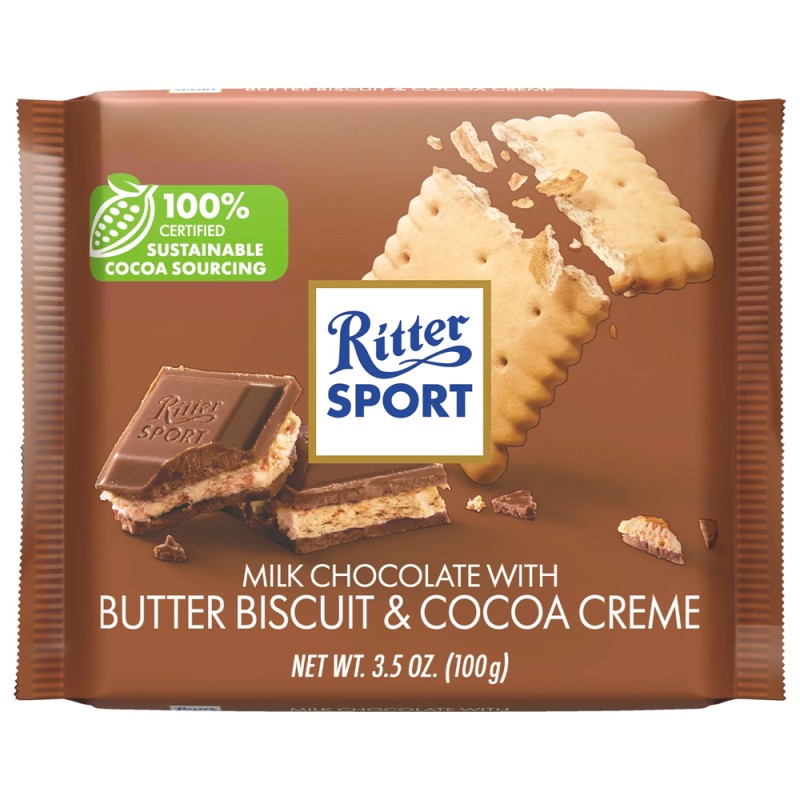 RITTER SPORT MILK CHOCOLATE WITH BUTTER BISCUIT & COCOA CREME RITTER SPORT MILK CHOCOLATE WITH BUTTER BISCUIT & COCOA CREME