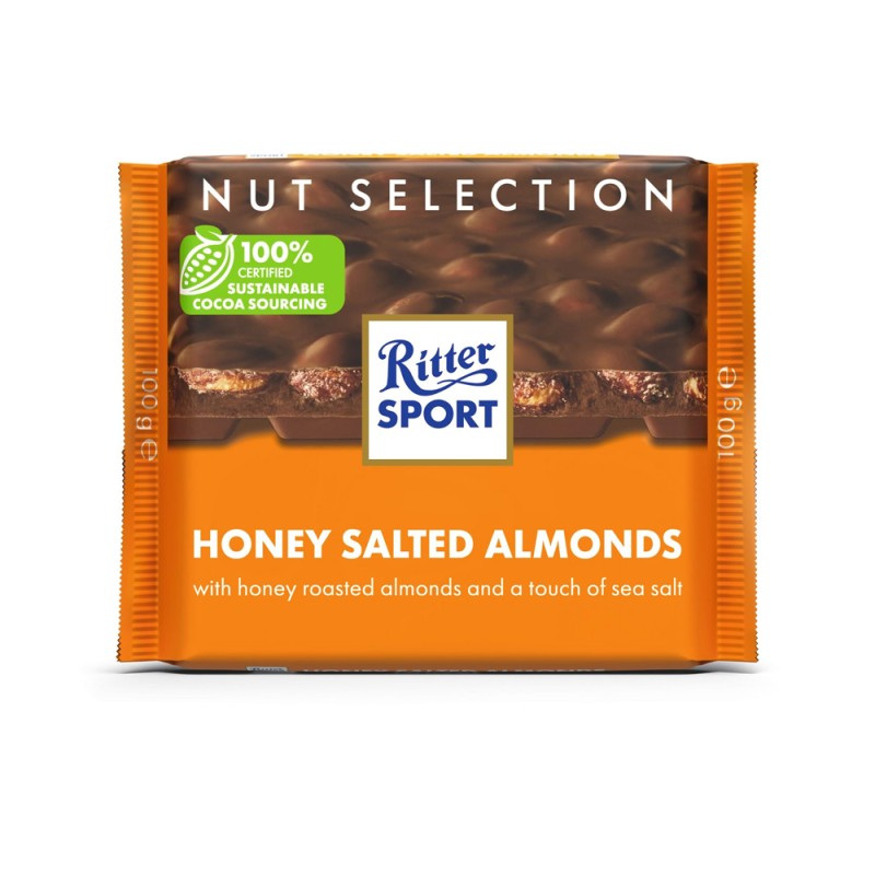 RITTER SPORT MILK CHOCOLATE HONEY SEA-SALT ALMONDS RITTER SPORT MILK CHOCOLATE HONEY SEA-SALT ALMONDS