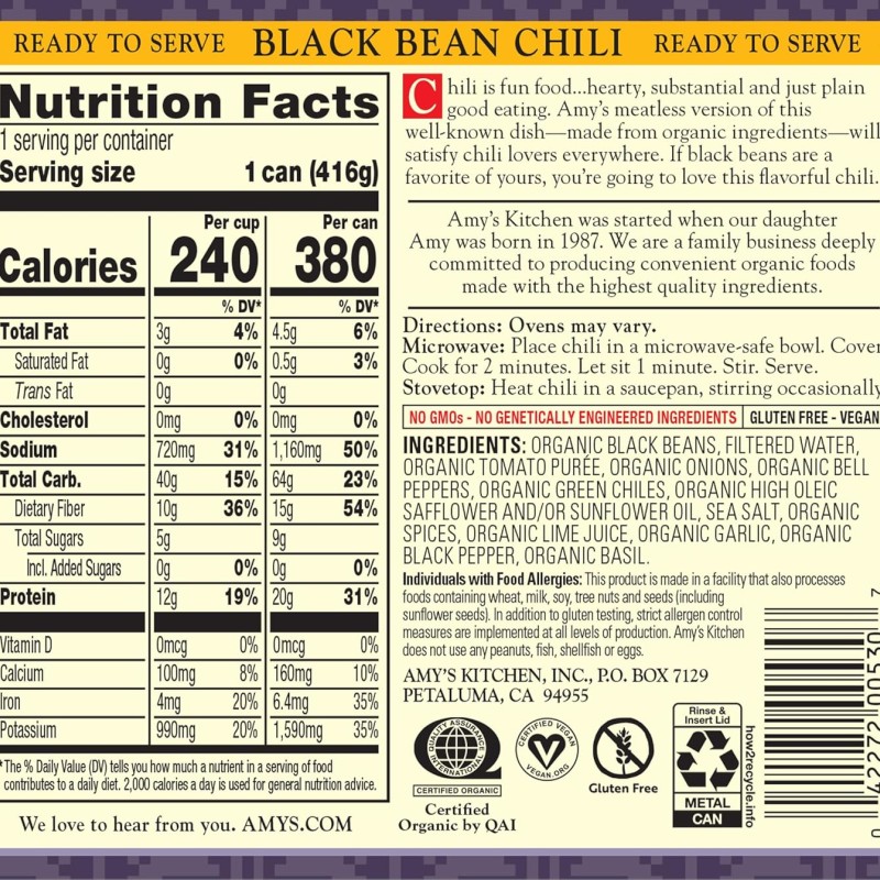 Amy's organic chili black bean Amy's organic chili black bean