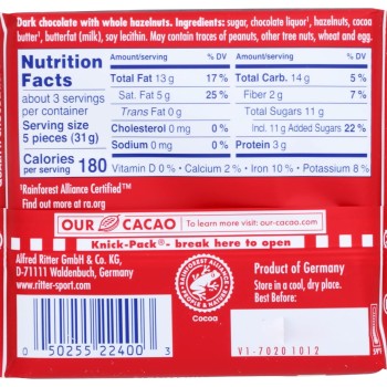 Ritter Sport Dark Chocolate with Whole Hazelnuts