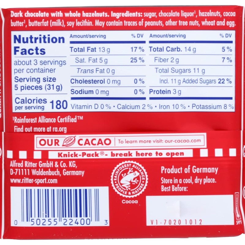 Ritter Sport Dark Chocolate with Whole Hazelnuts