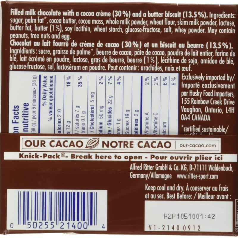 Ritter Sport Milk Chocolate with Butter Biscuit & Cocoa Creme