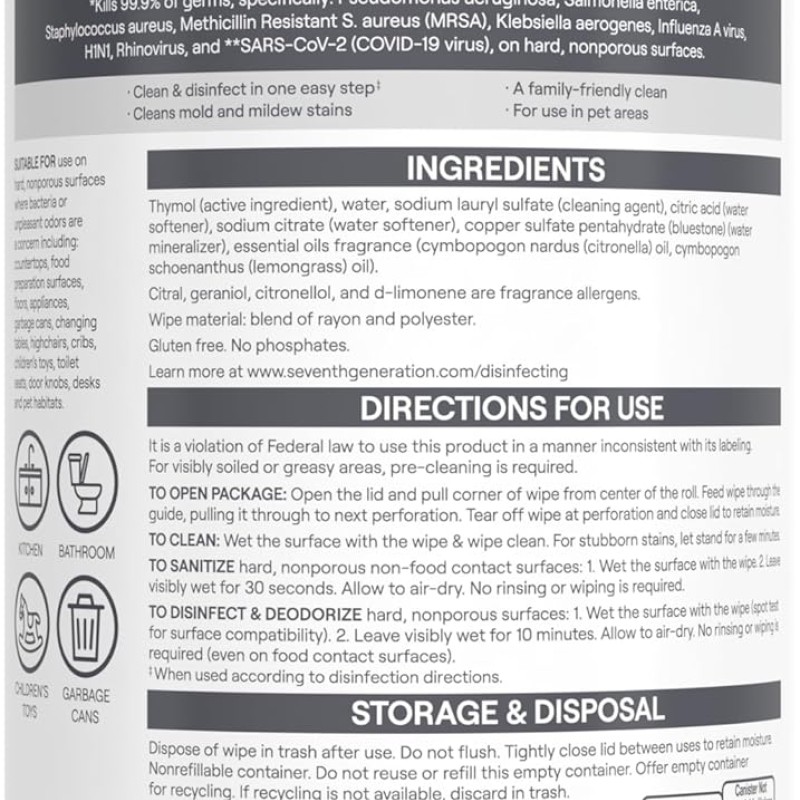 Seventh Generation Disinfecting Wipes Lemongrass and Citrus -- 35 Wipes