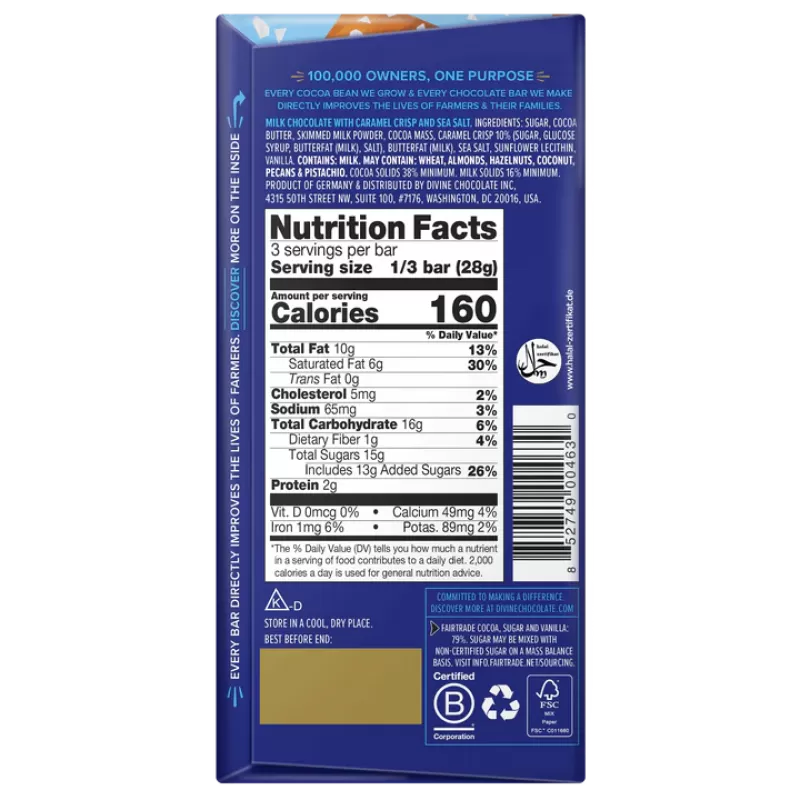 Divine Chocolate 38% Milk Chocolate with Toffee and Sea Salt Sharing Bar