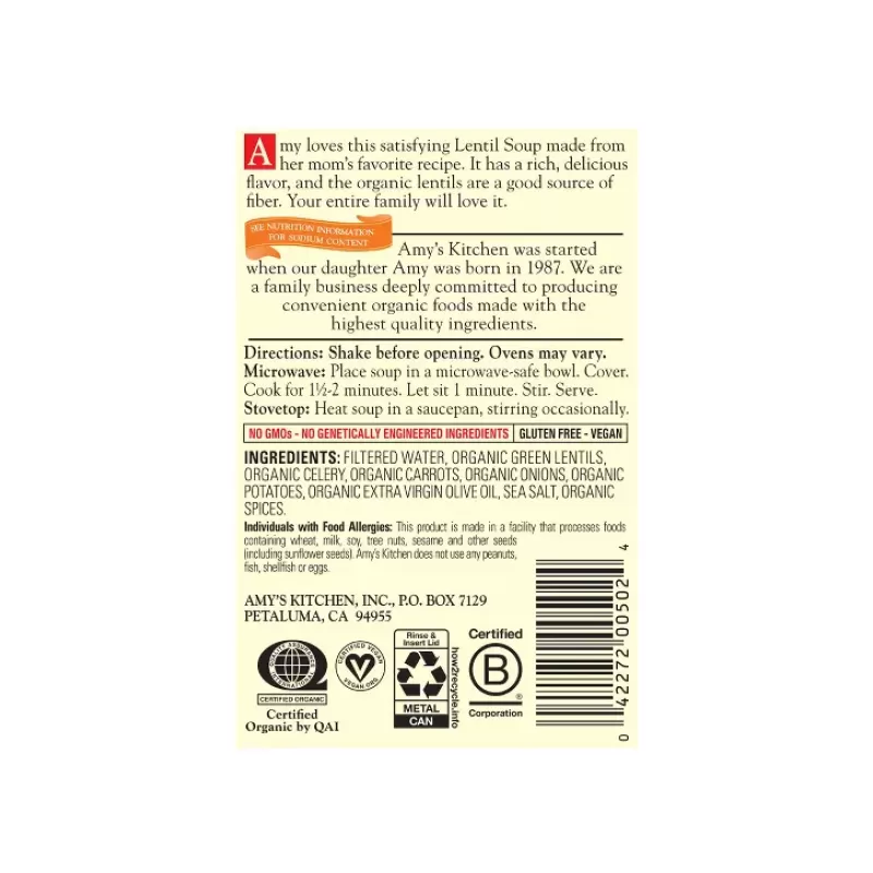 AMY'S ORGANIC Lentil Soup, 14.5-OZ AMY'S ORGANIC Lentil Soup, 14.5-OZ