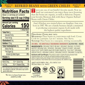 Amy's Organic Vegetarian Refried Beans Mild with Green Chiles