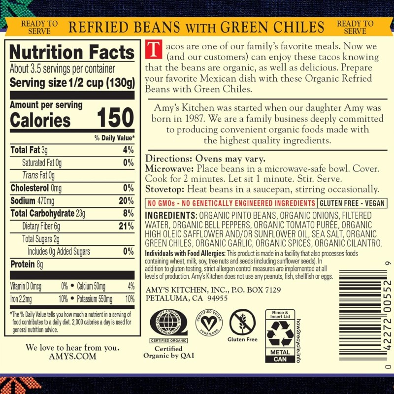 Amy's Organic Vegetarian Refried Beans Mild with Green Chiles