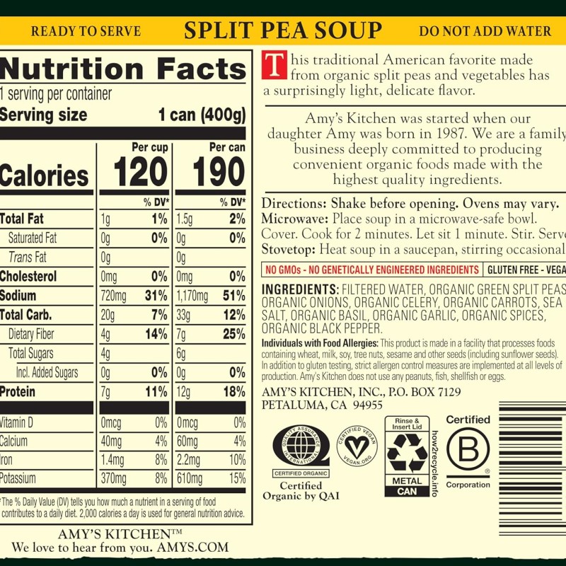 Amy’s Soup Vegan Split Pea Soup Made With Organic Split Peas and Vegetables