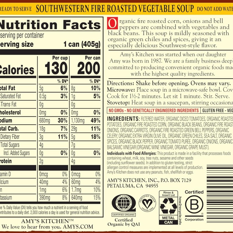 Amy’s Soup Vegan Fire Roasted Southwestern Vegetable Soup With Organic Black Beans