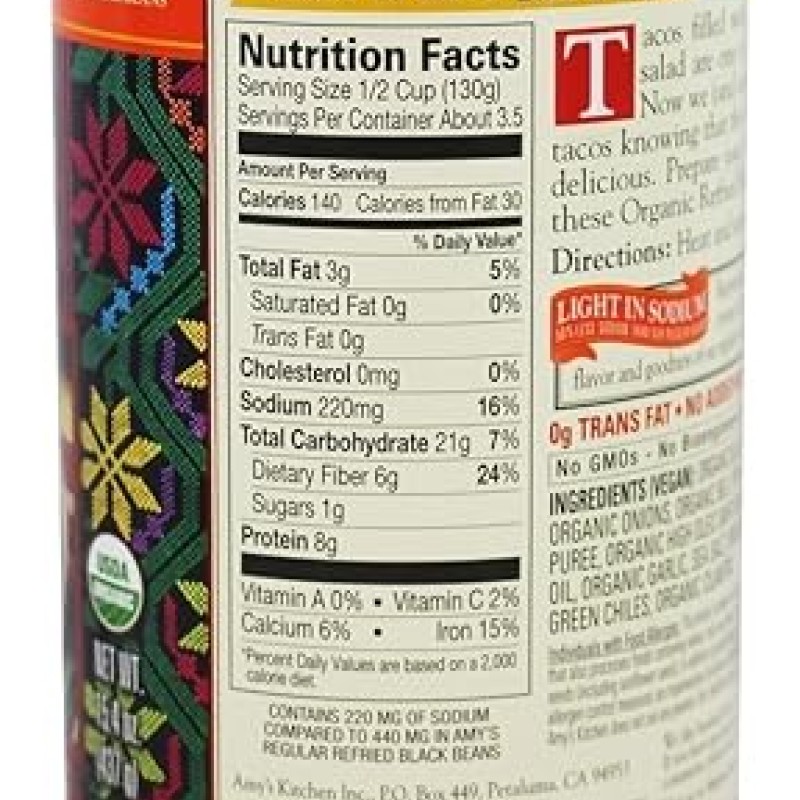 AMY'S ORGANIC REFRIED BLACK BEANS (Light in Sodium)