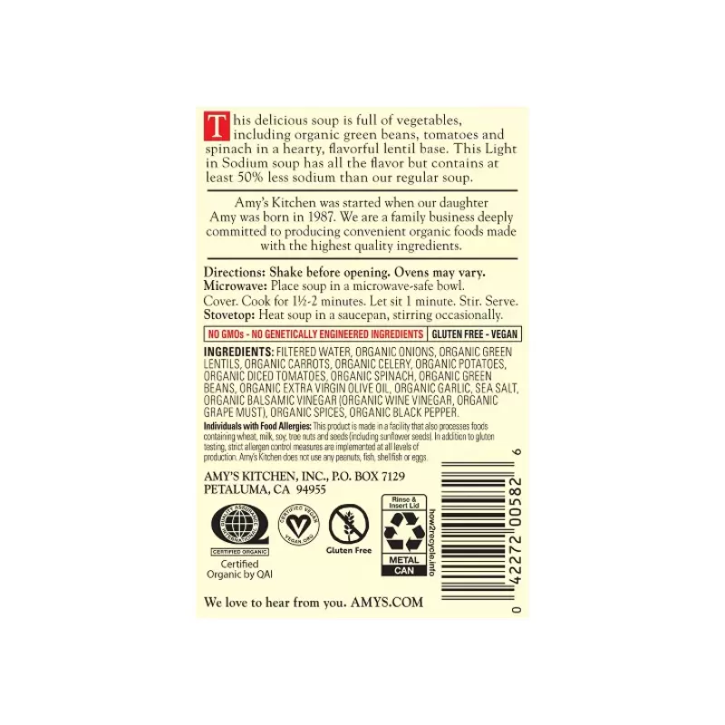 Amy's Organic GF Low Sodium Lentil Vegetable Soup Amy's Organic GF Low Sodium Lentil Vegetable Soup