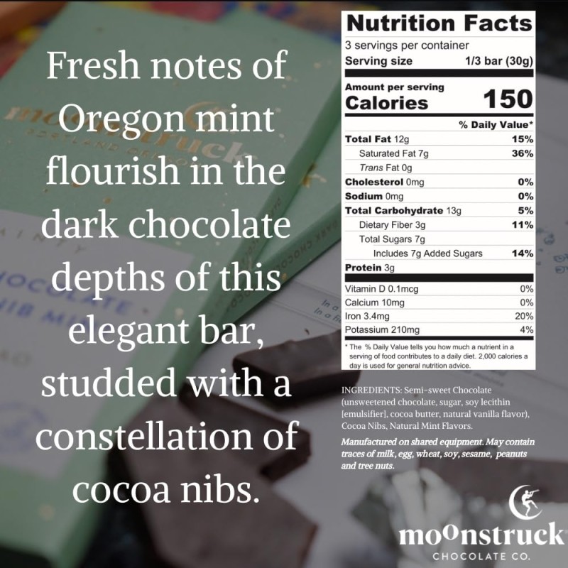 Moonstruck Minty Dark Chocolate Cocoa Nib Bar