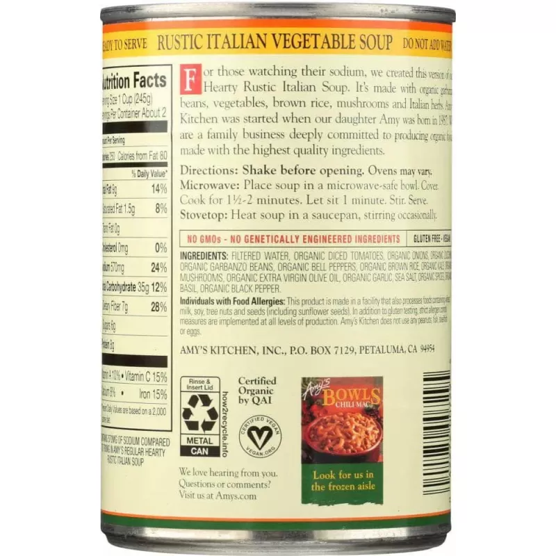 Amy's Organic Hearty Soup Rustic Italian Vegetable Reduce Sodium Amy's Organic Hearty Soup Rustic Italian Vegetable Reduce Sodium
